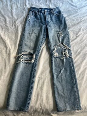 Levi's 501 Light Blue Distressed Straight Leg Jeans